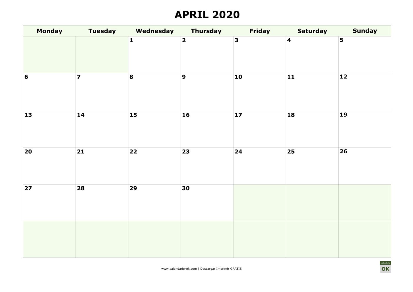 ABRIL 2020 calendario en INGLES