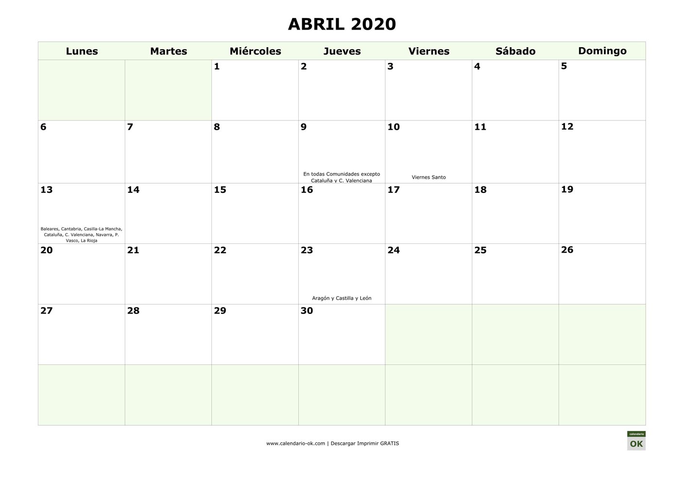 ABRIL 2020 con días FESTIVOS DE COMUNIDADES AUTONOMAS