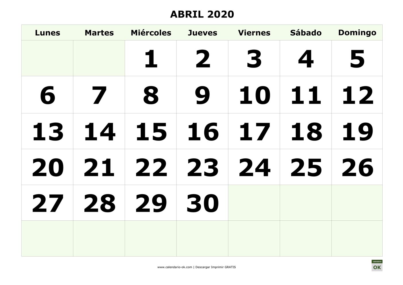 Calendario Mes De Abril ▷ Plantilla Calendario 【ABRIL 2020】 para IMPRIMIR PDF