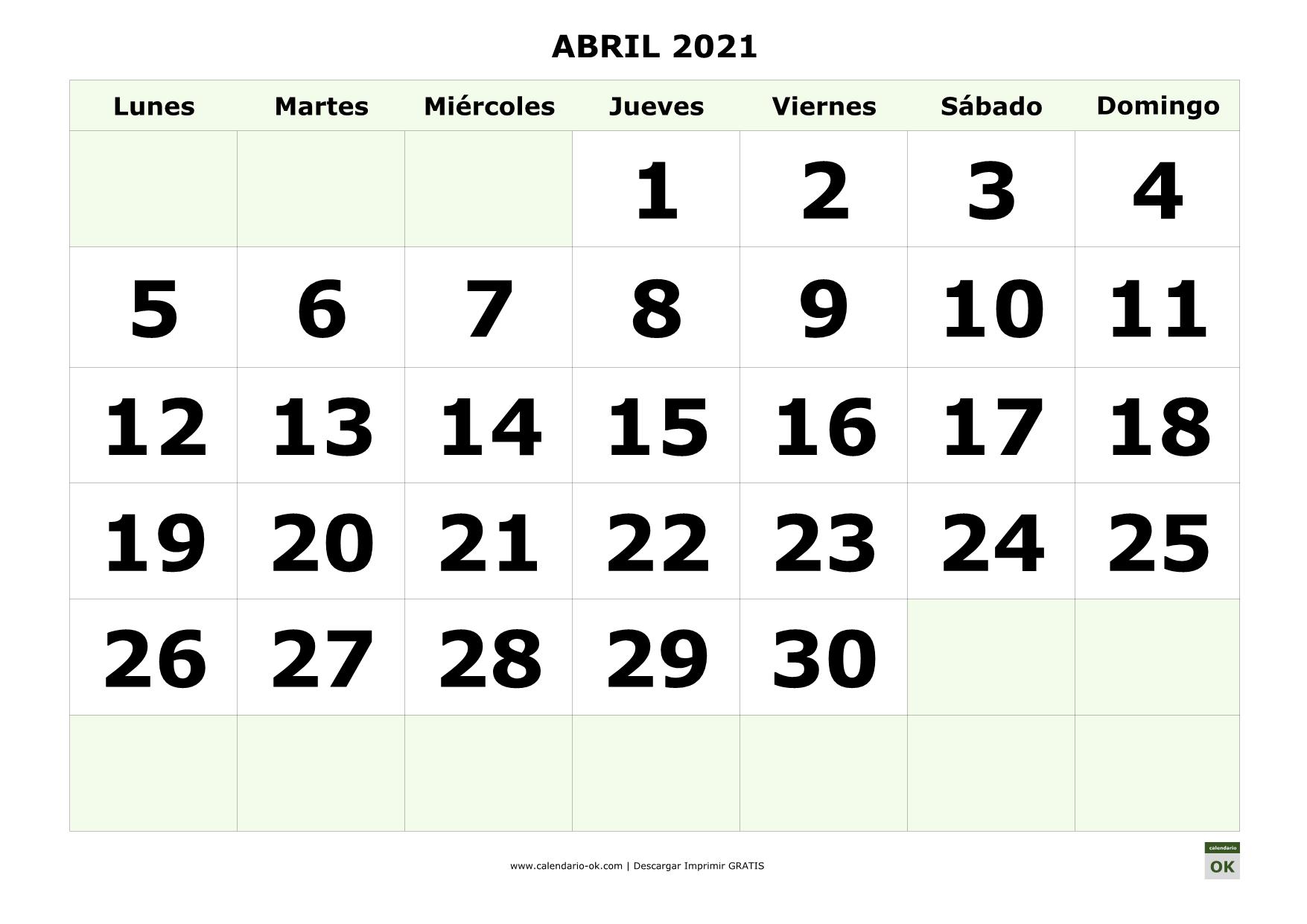 Calendario Mes De Abril ▷ Plantilla Calendario 【ABRIL 2021】 para IMPRIMIR PDF