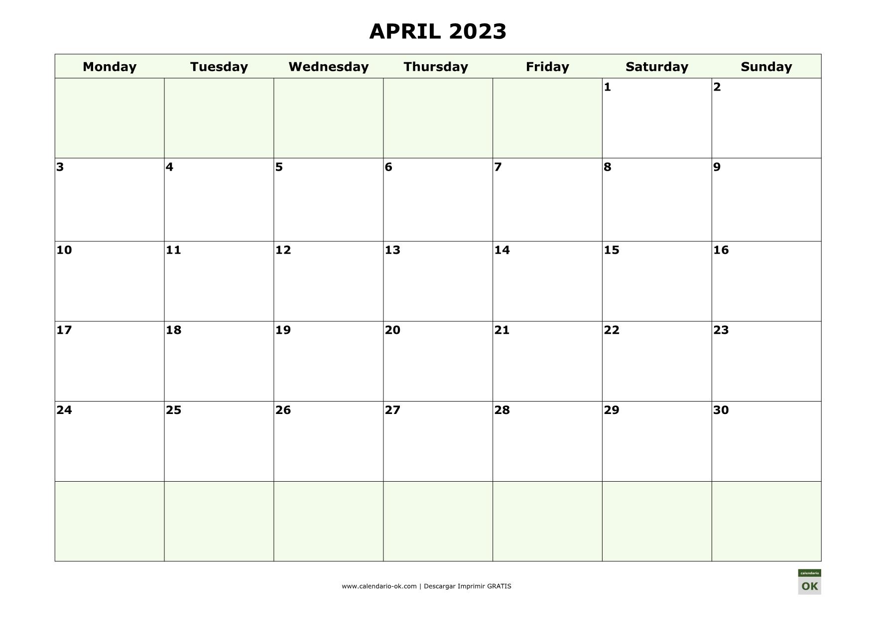 Calendario Mes De Abril ▷ Plantilla Calendario 【ABRIL 2023】 para IMPRIMIR PDF