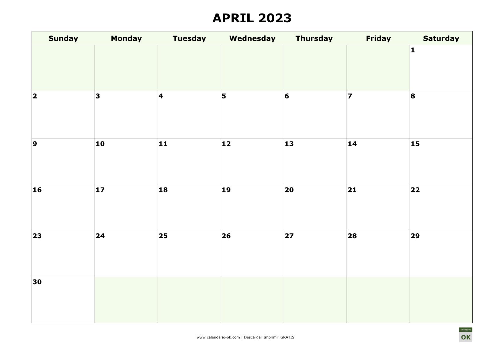 Calendario De Abril ▷ Plantilla Calendario 【ABRIL 2023】 para IMPRIMIR PDF