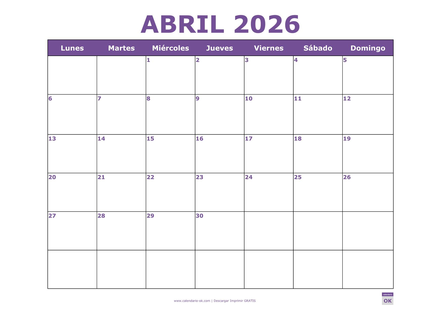 ABRIL 2026 LAVANDA PARA IMPRIMIR Abril 2026 LAVANDA para imprimir