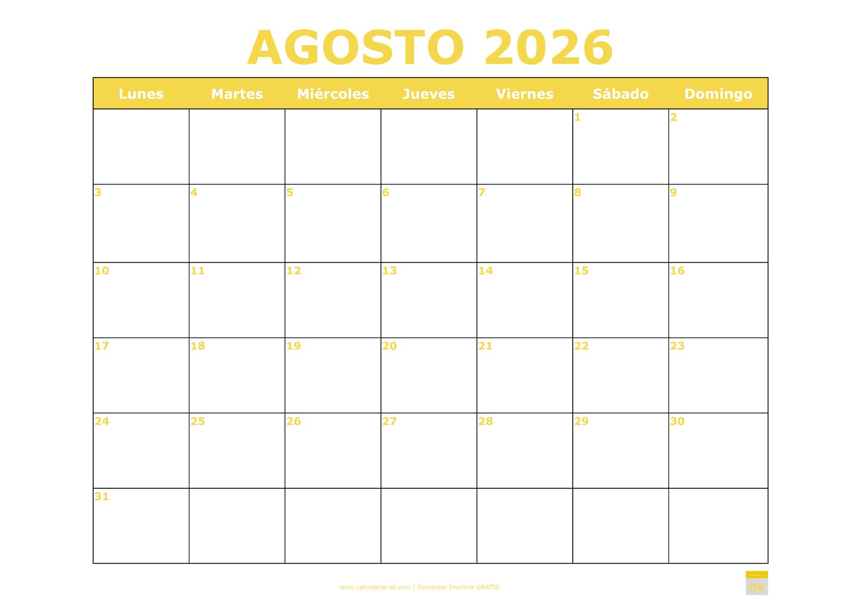 AGOSTO 2026 AMARILLO PARA IMPRIMIR Agosto 2026 AMARILLO para imprimir