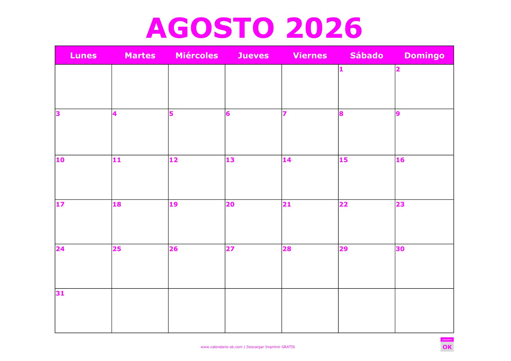 AGOSTO 2026 MAGENTA PARA IMPRIMIR Agosto 2026 MAGENTA para imprimir