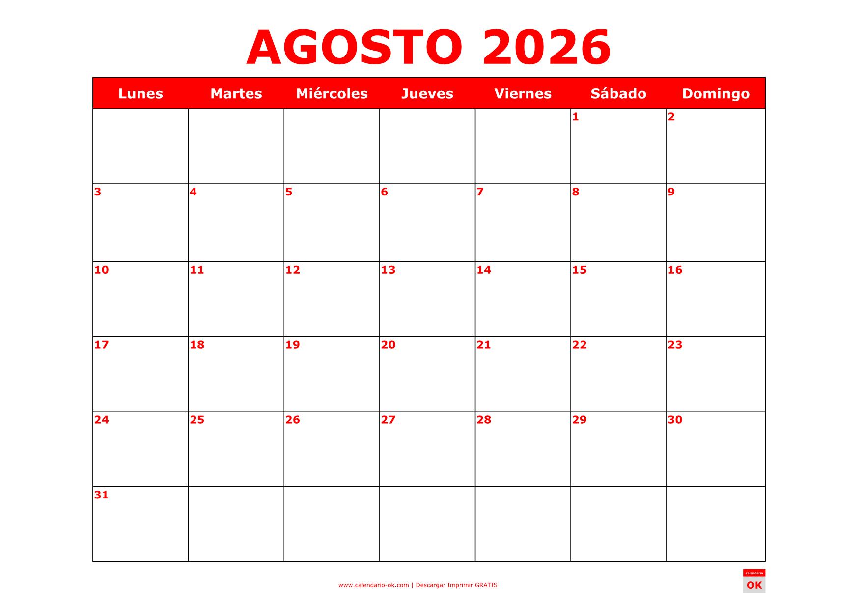 AGOSTO 2026 ROJO PARA IMPRIMIR Agosto 2026 ROJO para imprimir