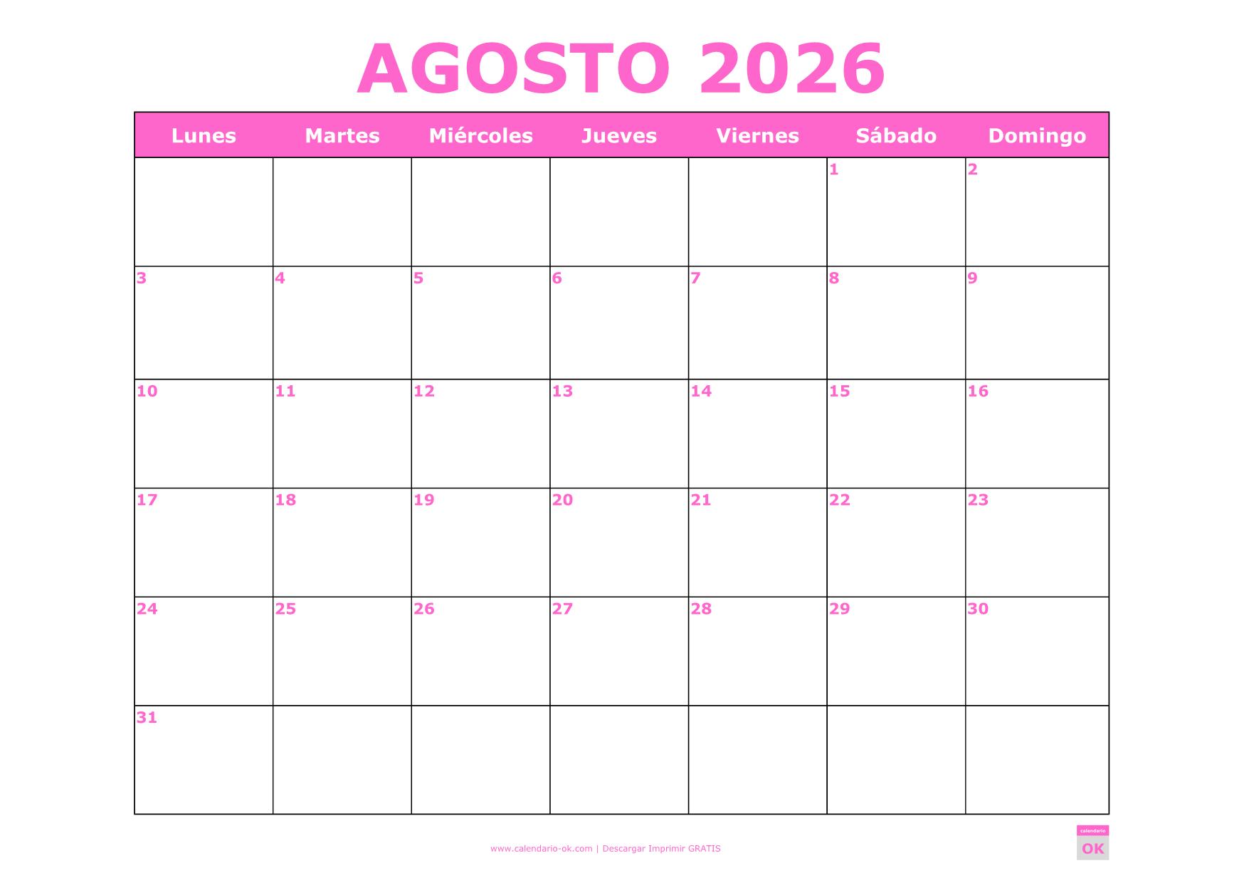 AGOSTO 2026 ROSA PARA IMPRIMIR Agosto 2026 ROSA para imprimir