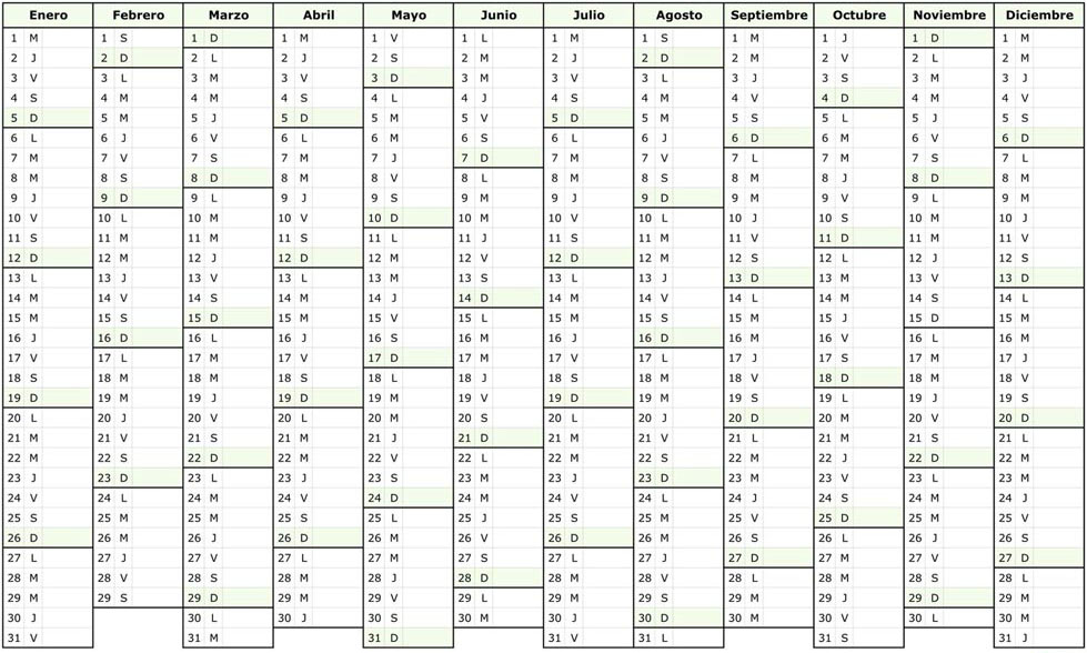 Calendario 2020 en BLANCO para IMPRIMIR