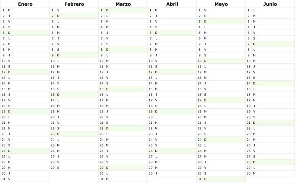 Calendario 2020 SEMESTRAL para IMPRIMIR