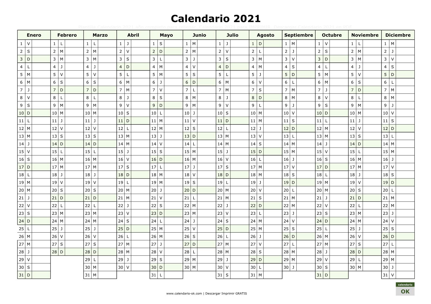 Calendario 2021 en BLANCO para IMPRIMIR