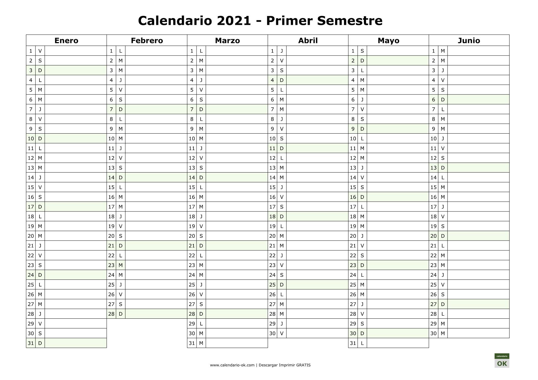 Calendario 2021 SEMESTRAL para IMPRIMIR