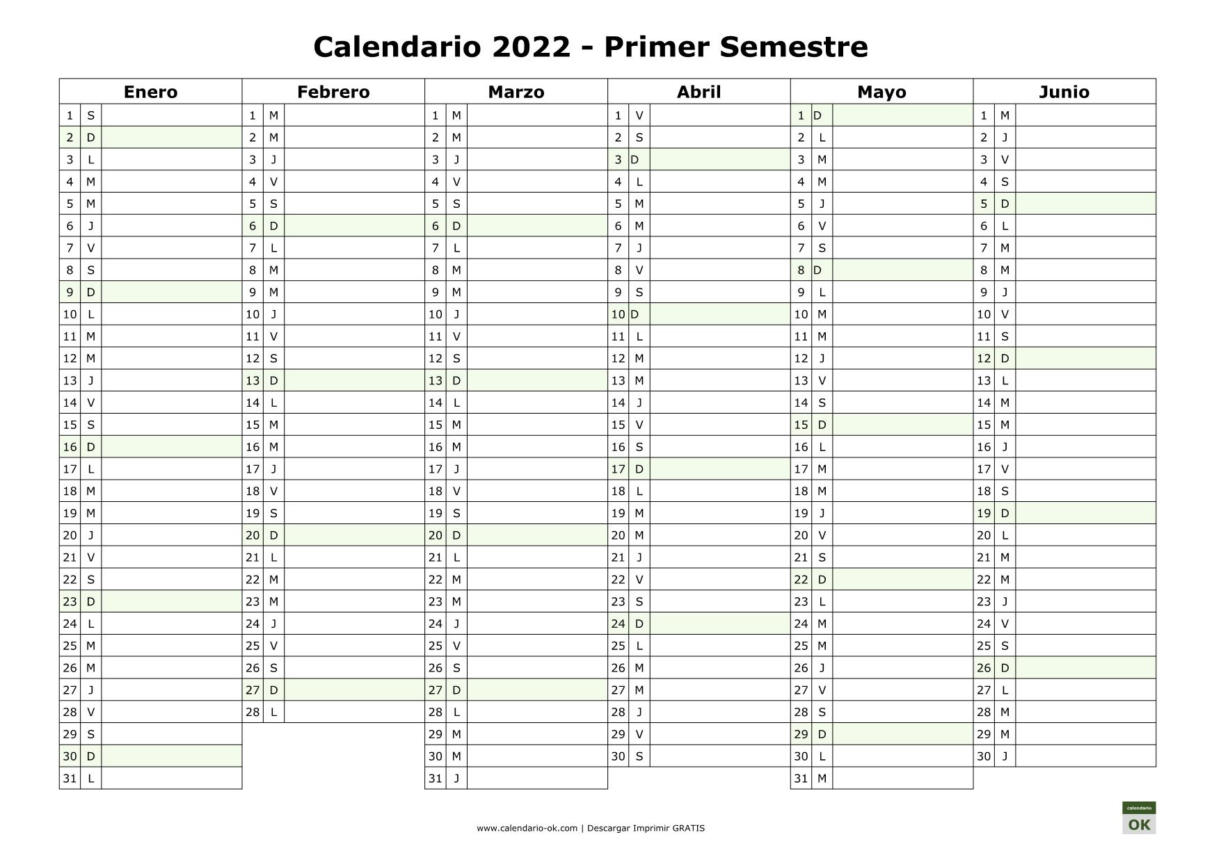Calendario 2022 SEMESTRAL para IMPRIMIR