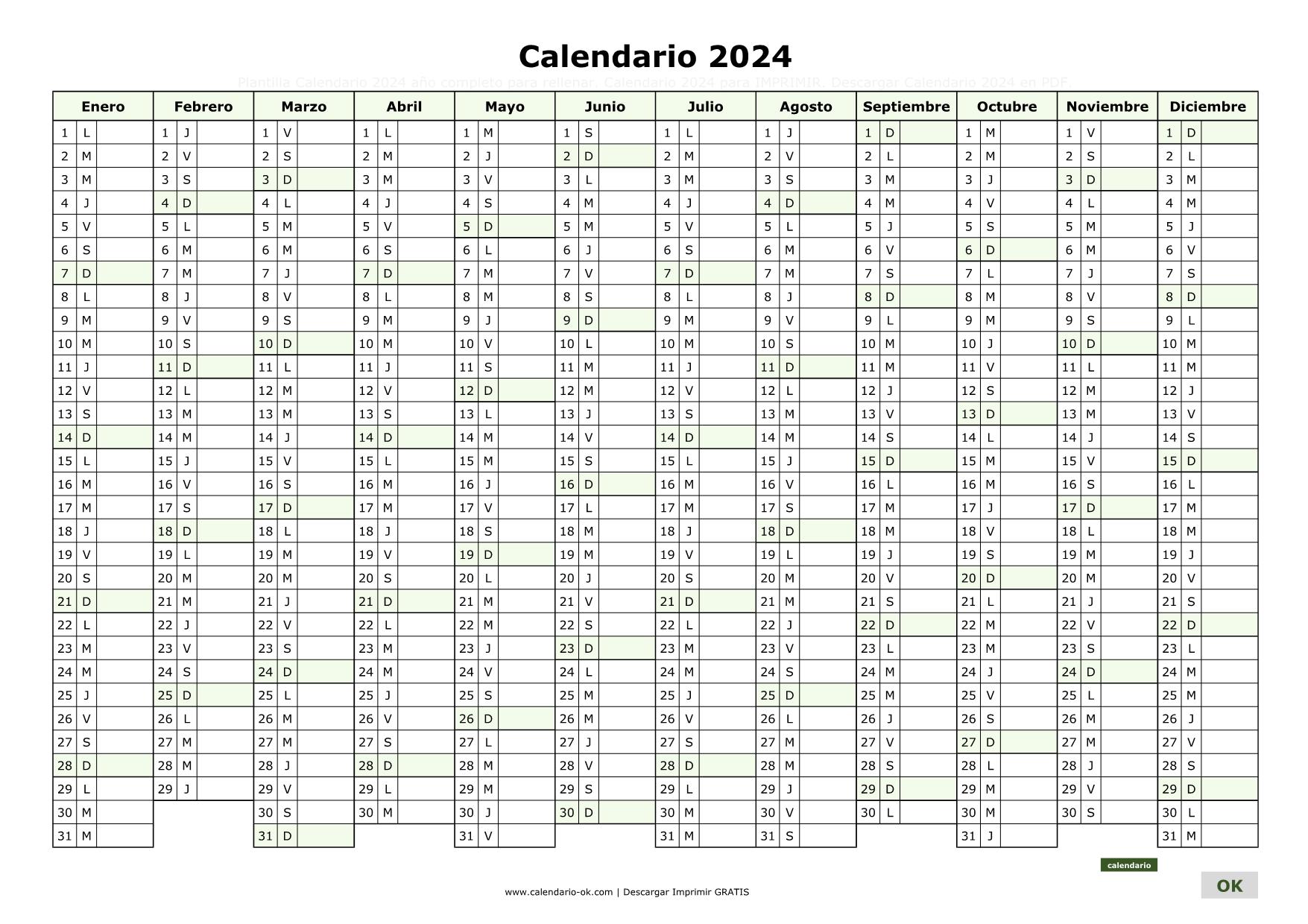 Calendario 2024 en BLANCO para IMPRIMIR