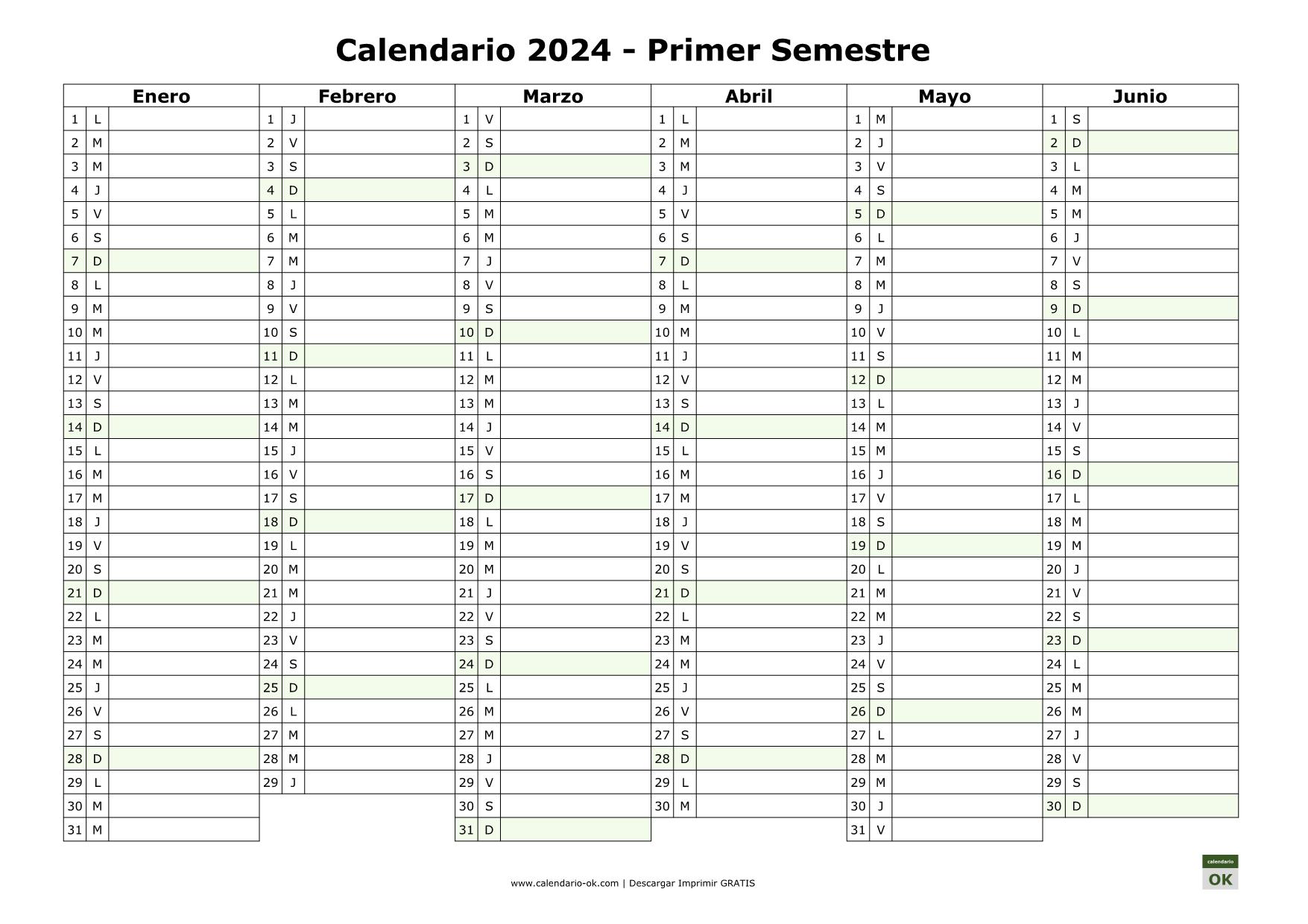Calendario 2024 SEMESTRAL para IMPRIMIR
