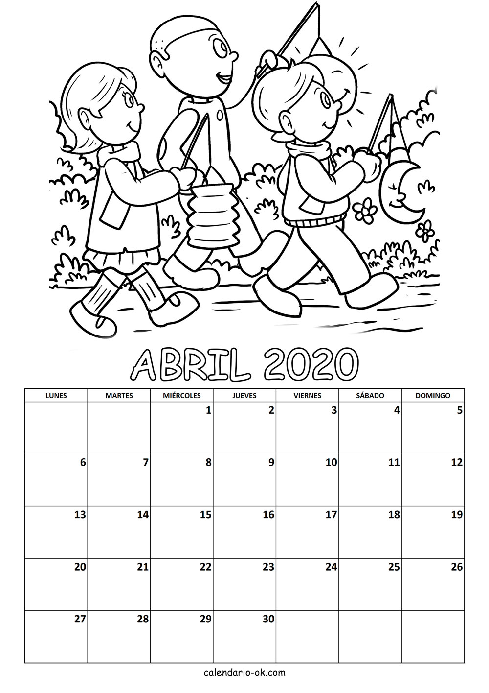 Calendario ABRIL 2020 COLOREAR