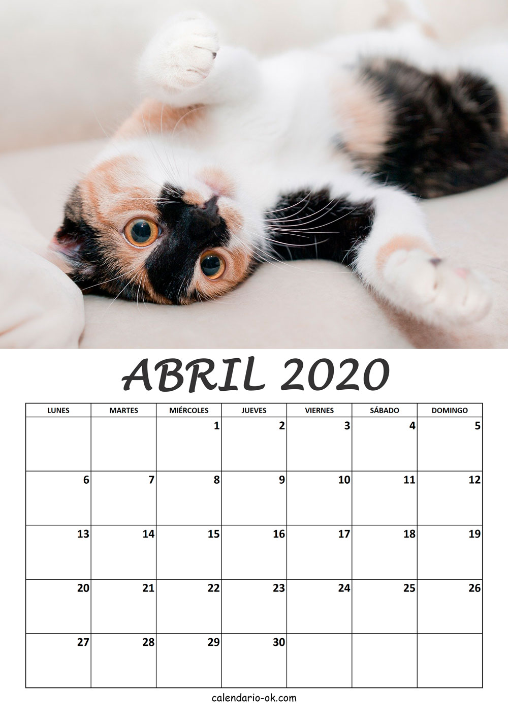 Calendario ABRIL 2020 de GATOS