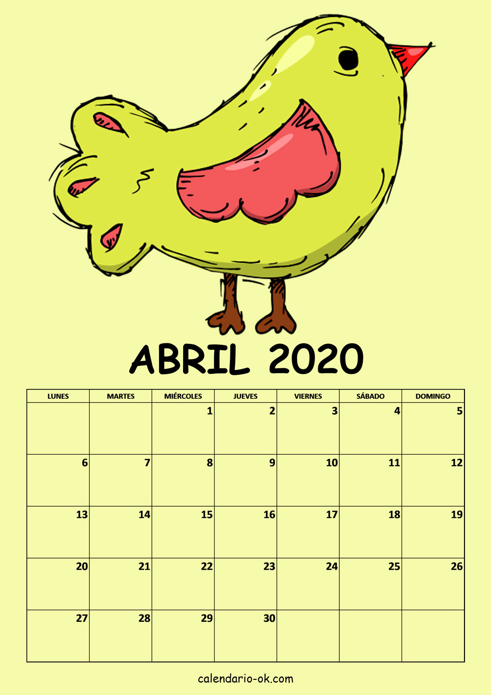 Calendario ABRIL 2020 DIBUJO PAJAROS
