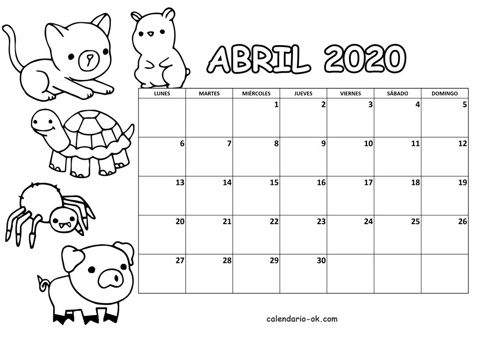 Calendario ABRIL 2020 para COLOREAR