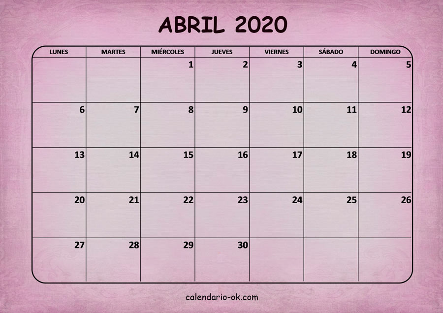 Calendario ABRIL 2020 ROSA
