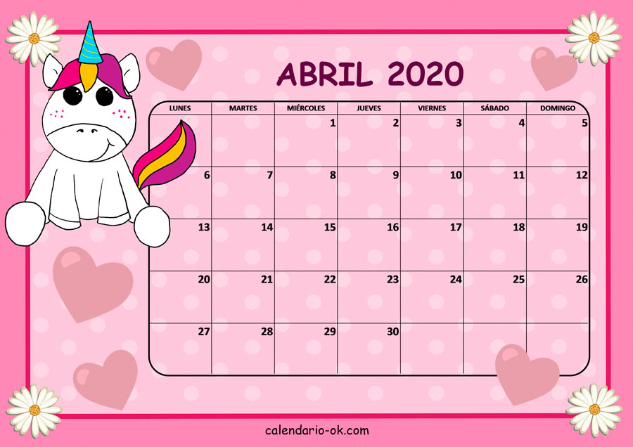 Calendario ABRIL 2020 UNICORNIO