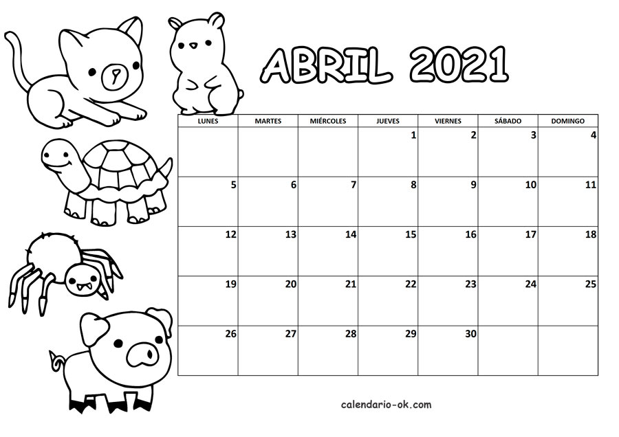 Calendario ABRIL 2021 para COLOREAR