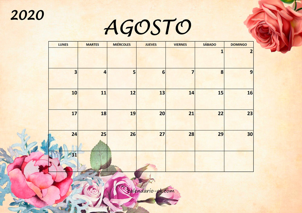 Calendario AGOSTO 2020 BONITO con FLORES
