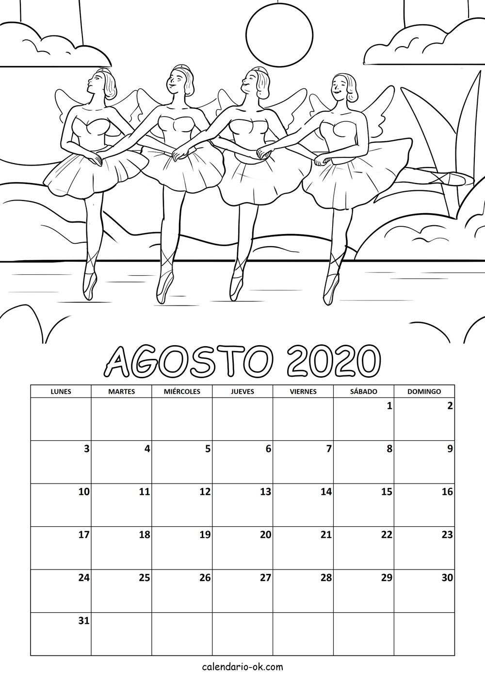 Calendario AGOSTO 2020 COLOREAR