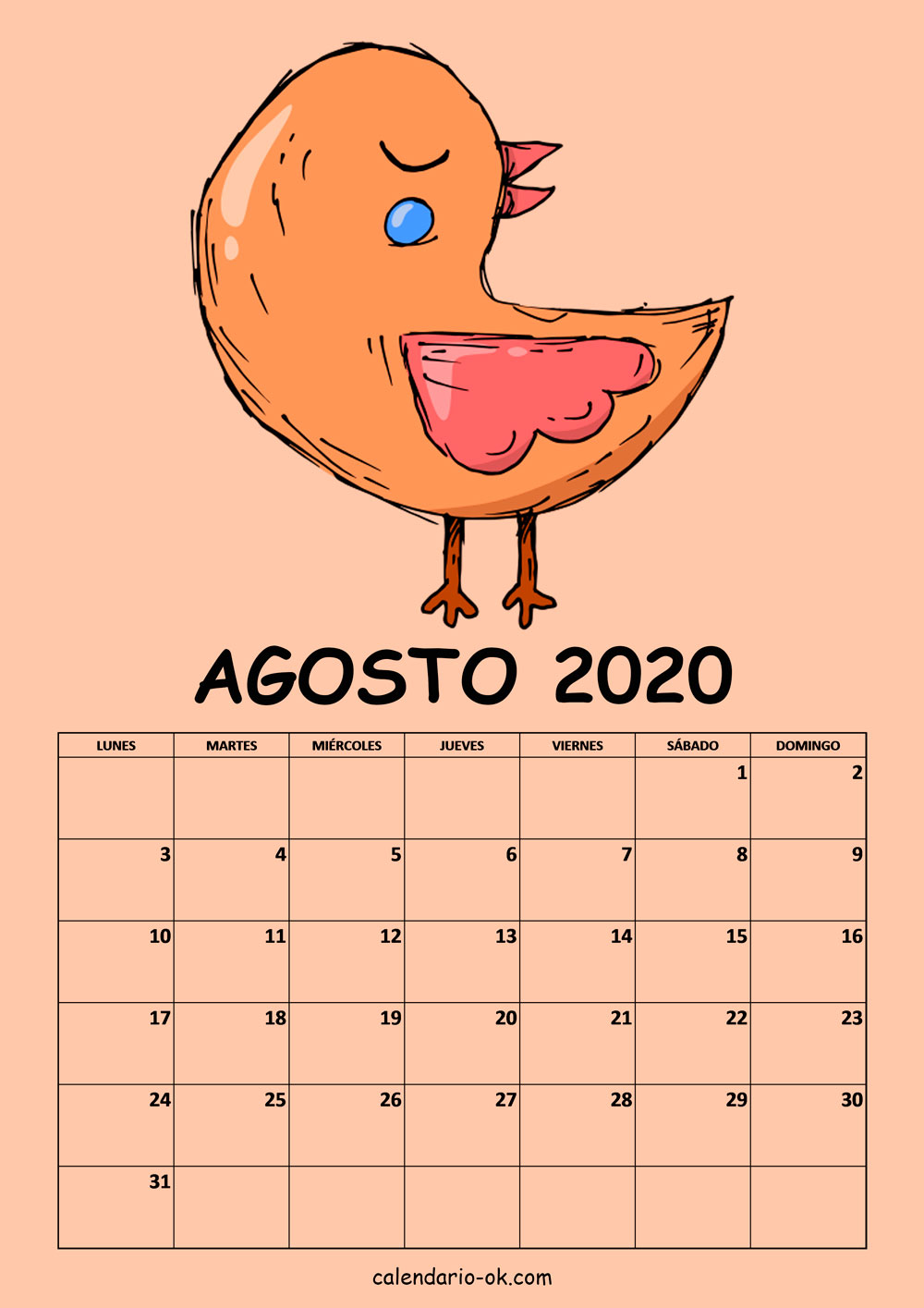 Calendario AGOSTO 2020 DIBUJO PAJAROS