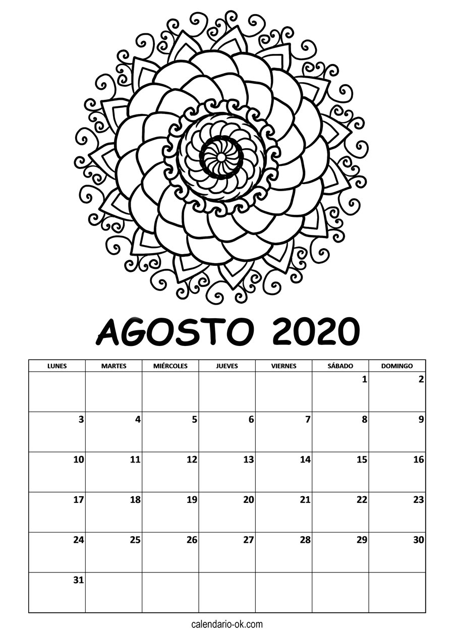 Calendario AGOSTO 2020 MANDALA PARA COLOREAR