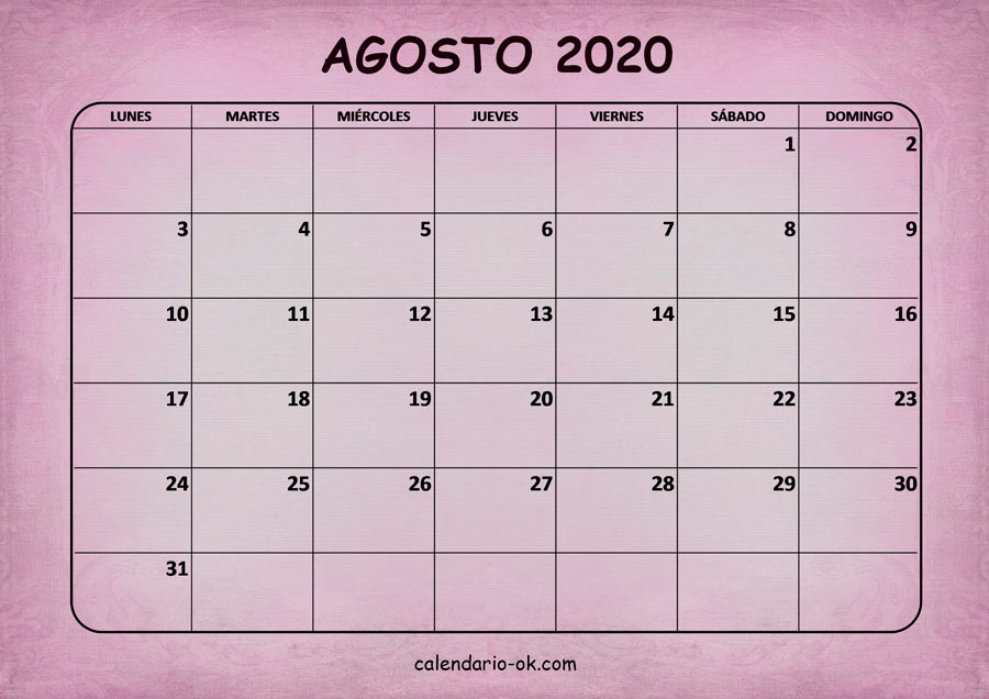 Calendário Agosto 2020 para imprimir - Estados Unidos