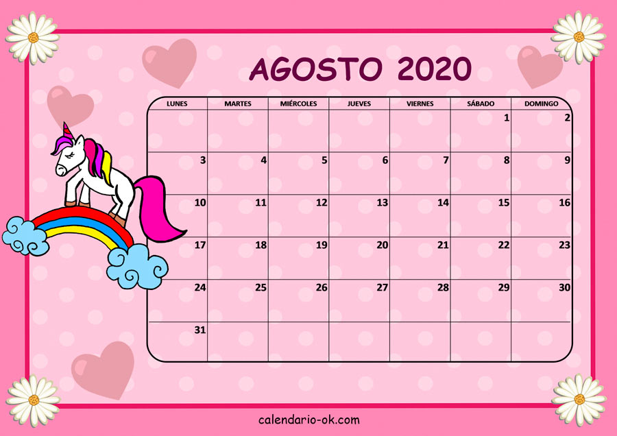 Calendario AGOSTO 2020 UNICORNIO
