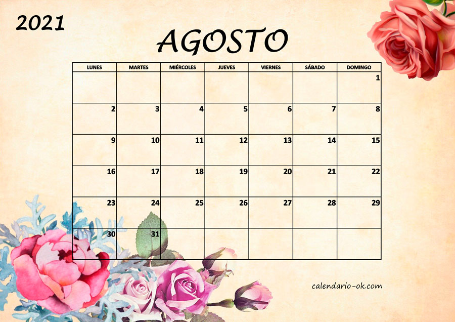 Calendario AGOSTO 2021 BONITO con FLORES