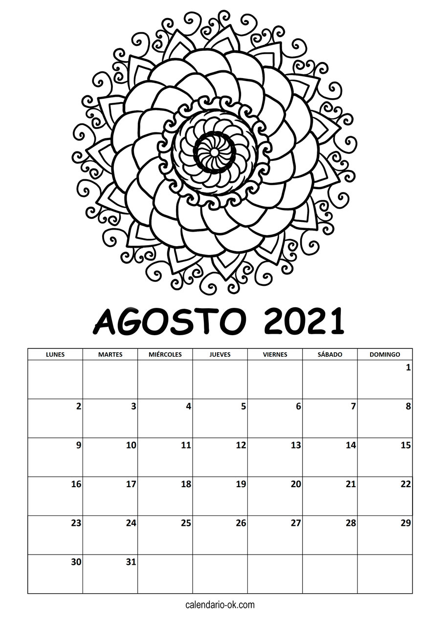 Calendario AGOSTO 2021 MANDALA PARA COLOREAR
