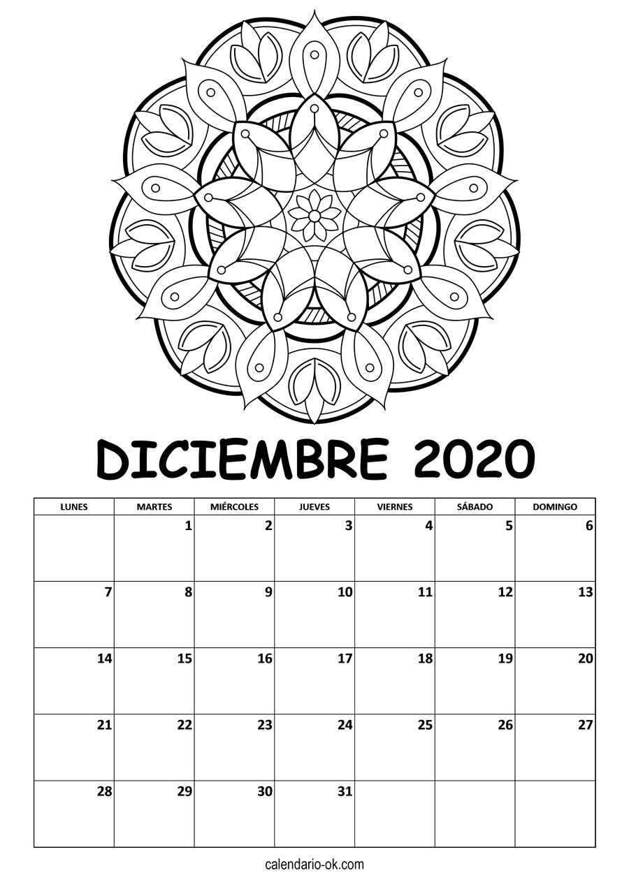 Calendario DICIEMBRE 2020 MANDALA PARA COLOREAR