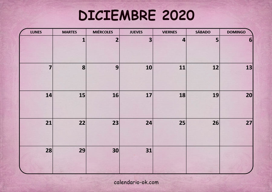 Calendario DICIEMBRE 2020 ROSA