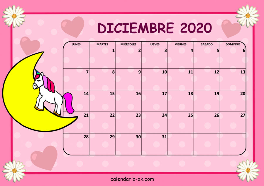 Calendario DICIEMBRE 2020 UNICORNIO