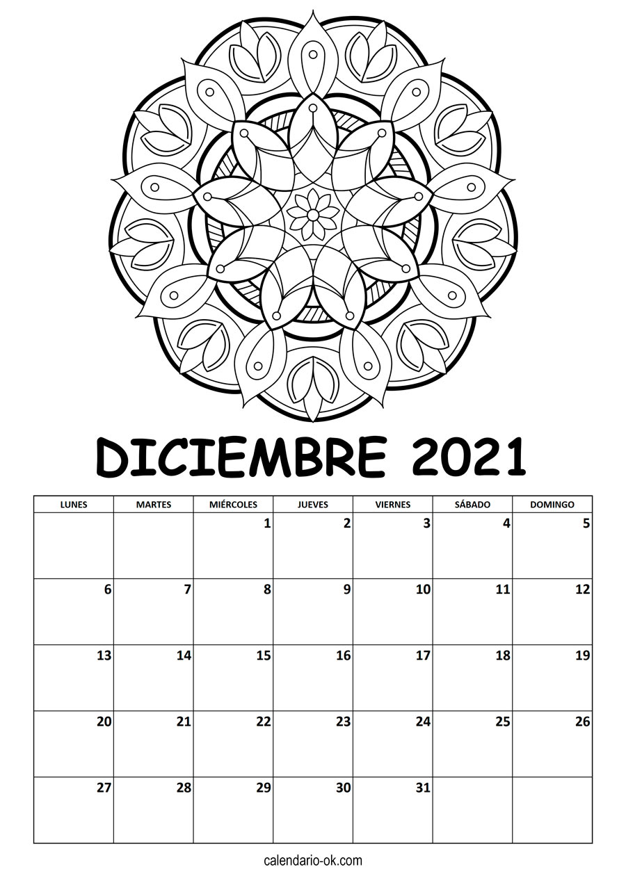 Calendario DICIEMBRE 2021 MANDALA PARA COLOREAR