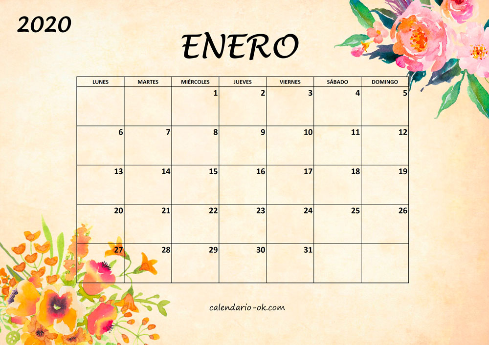 Calendario ENERO 2020 BONITO con FLORES