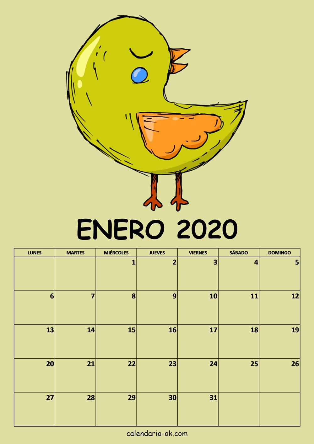 Calendario ENERO 2020 DIBUJO PAJAROS