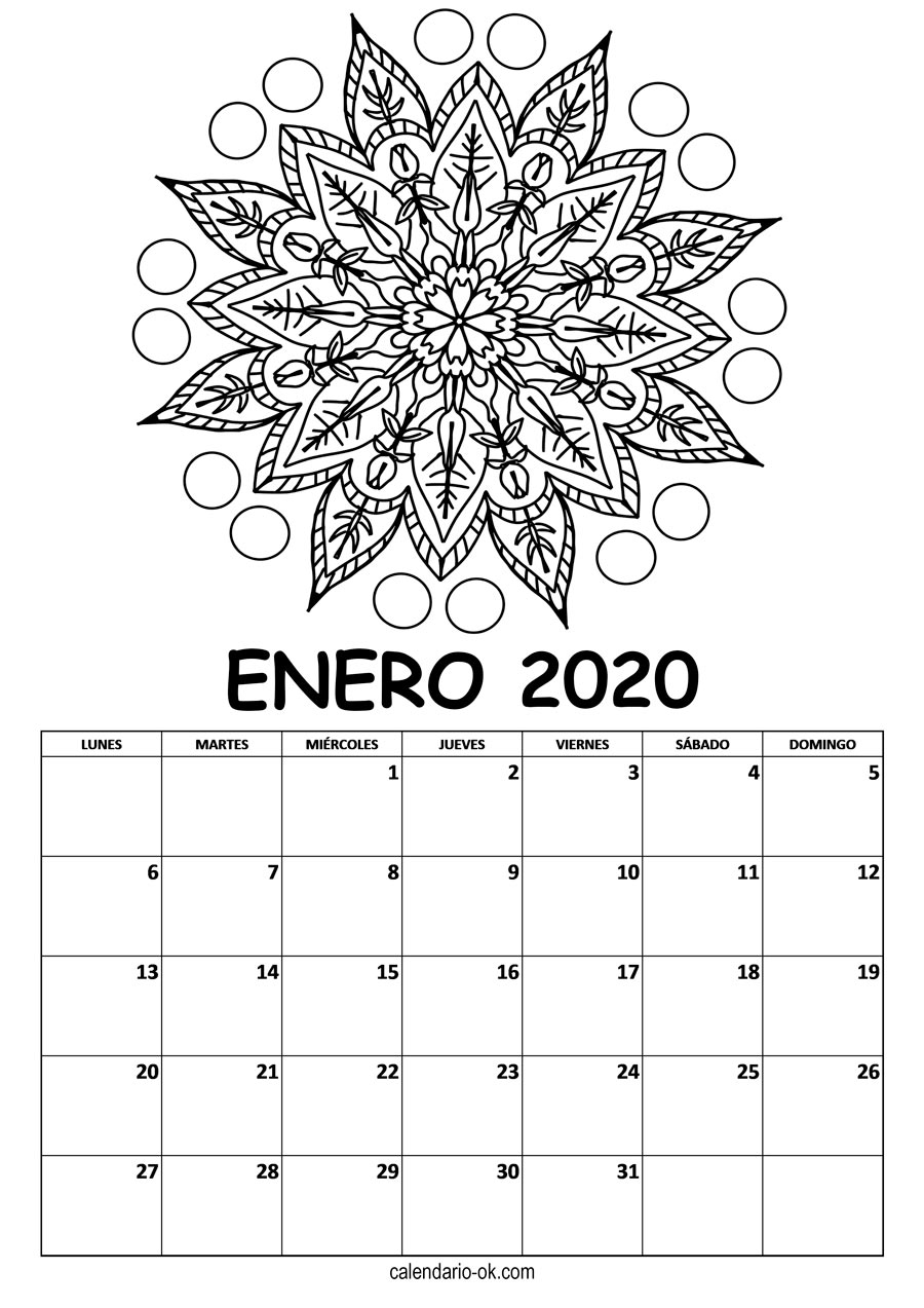 Calendario ENERO 2020 MANDALA PARA COLOREAR