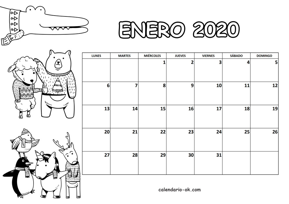 Calendario ENERO 2020 para COLOREAR