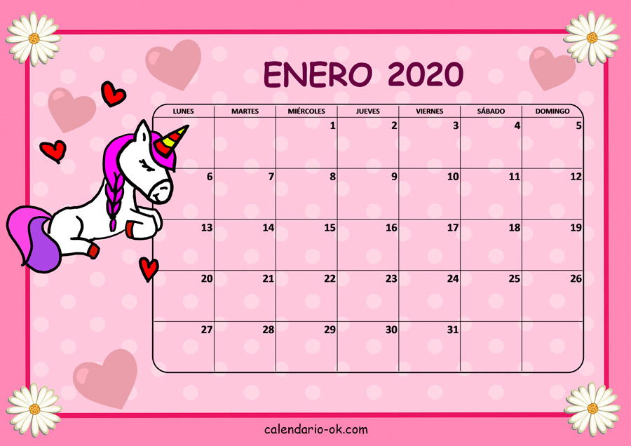 Calendario ENERO 2020 UNICORNIO