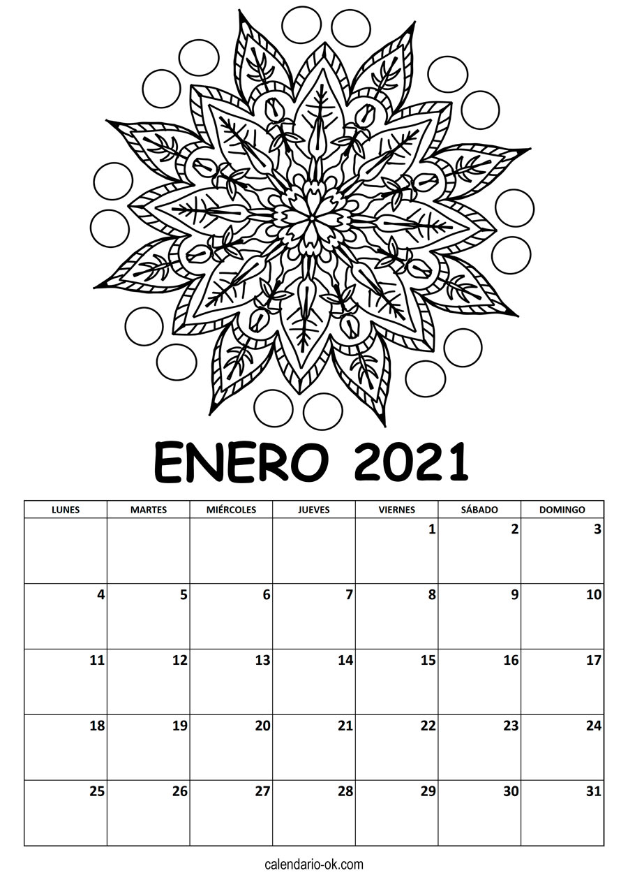 Calendario ENERO 2021 MANDALA PARA COLOREAR