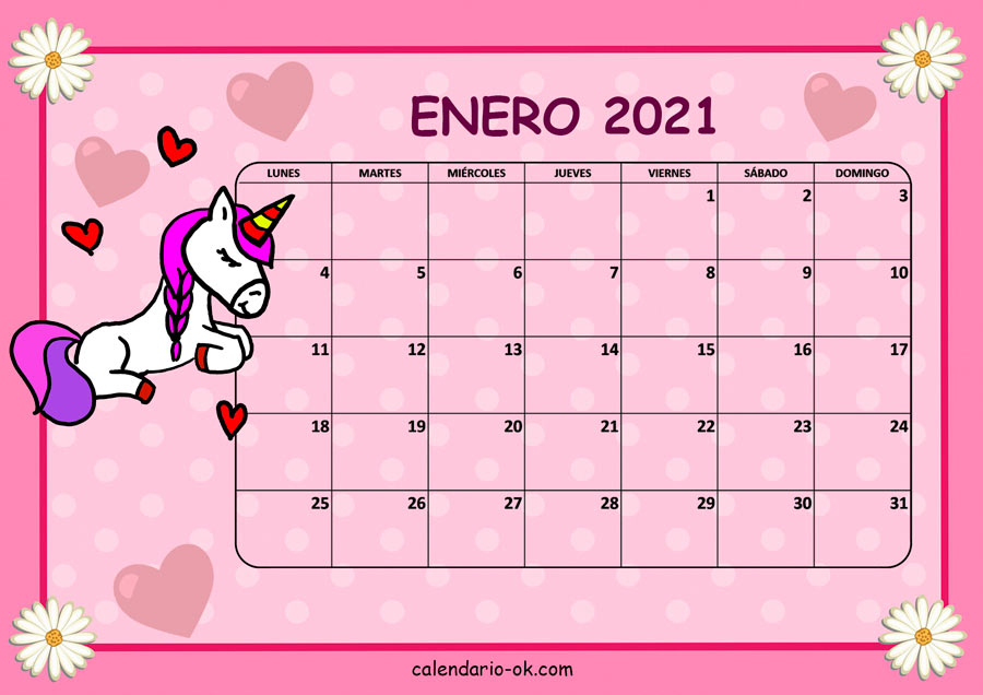 Calendario ENERO 2021 UNICORNIO