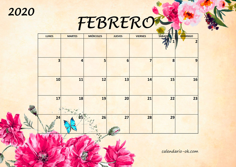 Calendario FEBRERO 2020 BONITO con FLORES