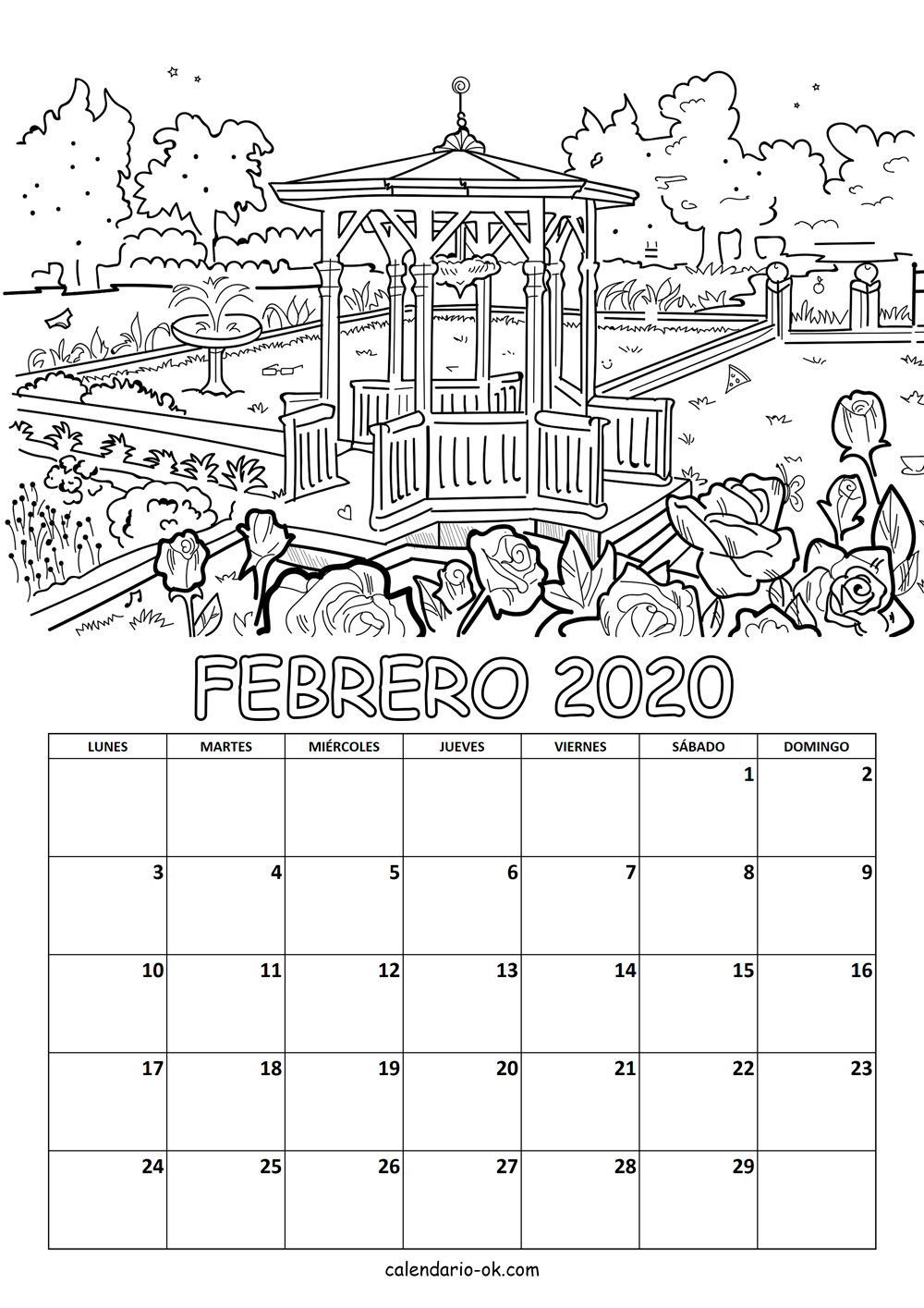Calendario FEBRERO 2020 COLOREAR