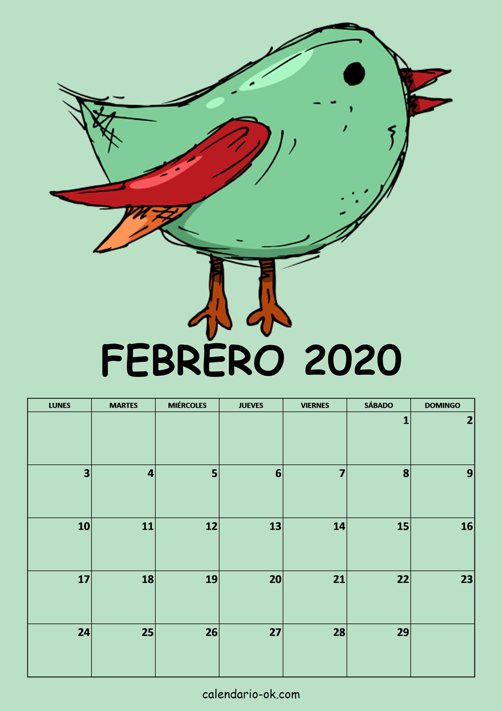 Calendario FEBRERO 2020 DIBUJO PAJAROS