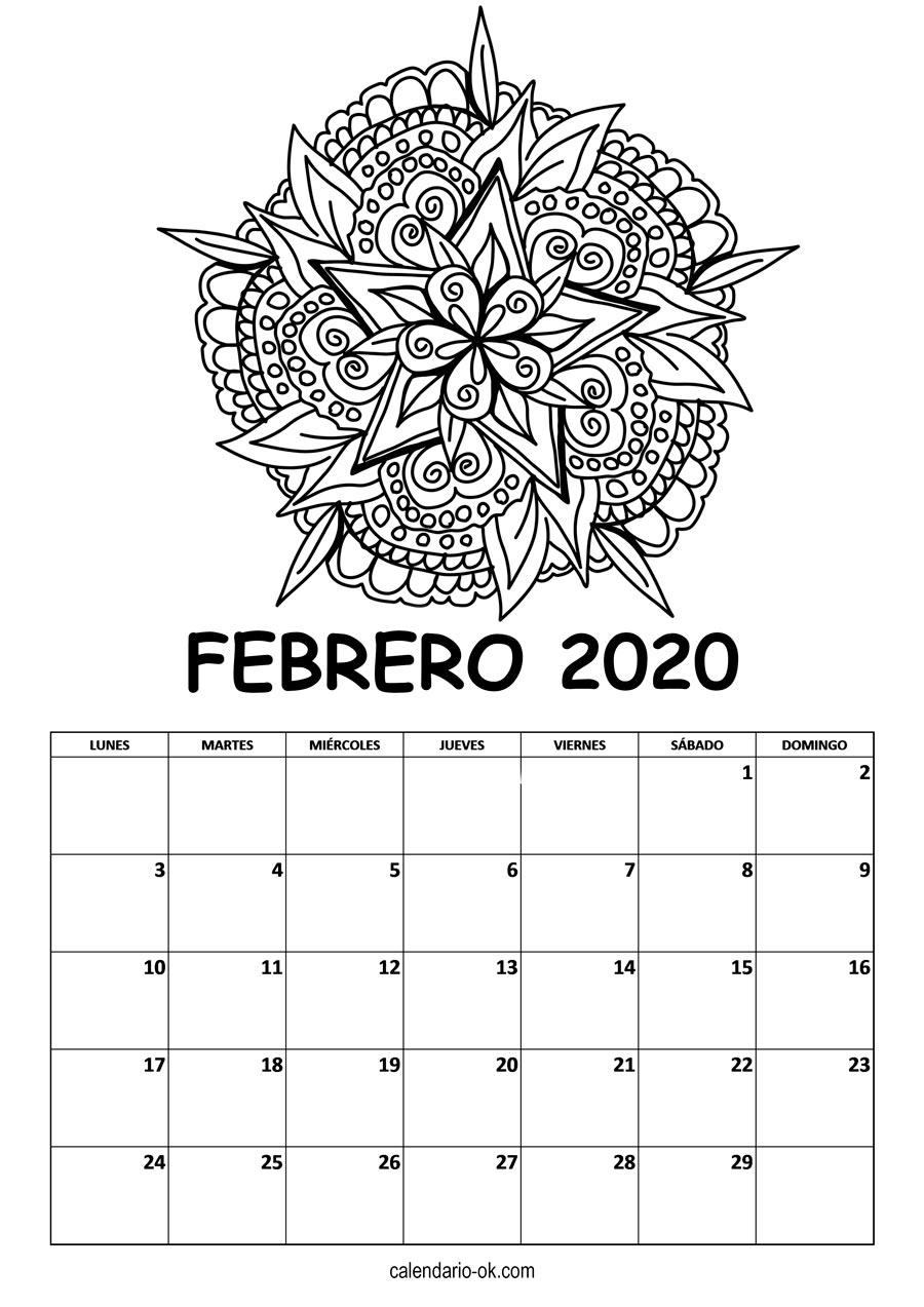 Calendario FEBRERO 2020 MANDALA PARA COLOREAR