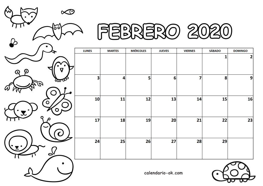 Calendario FEBRERO 2020 para COLOREAR
