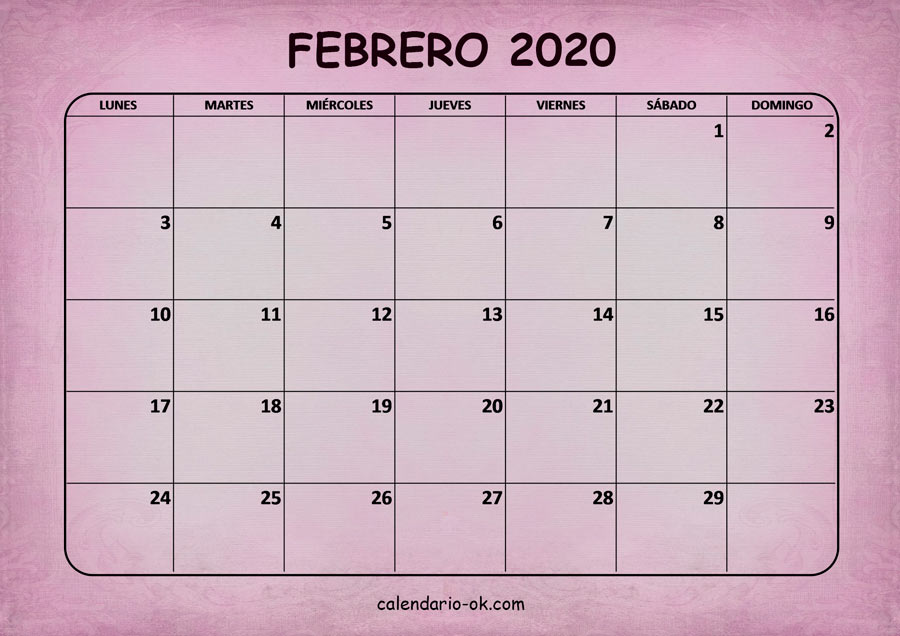 Calendario FEBRERO 2020 ROSA